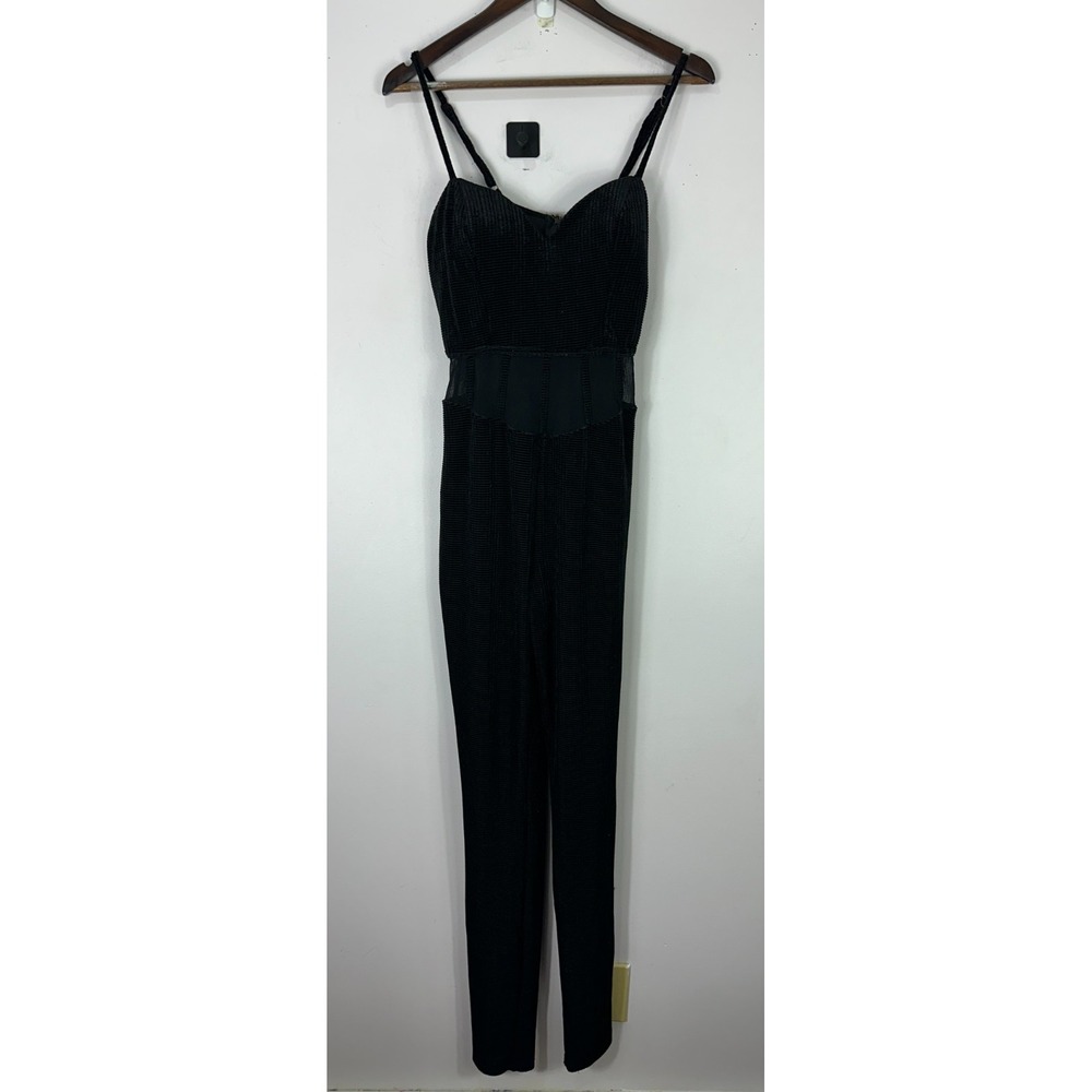 Sabora Jumpsuit L Black Velvet Textured Spaghetti Strap Slim Leg Goth Glam Party